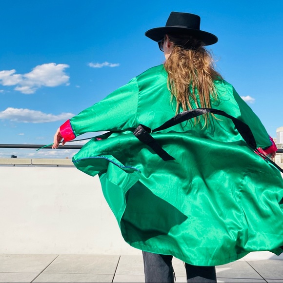 Vintage Victoria’s Secret Satin Silk Emerald Green Acid Pink Colorblack Robe - Picture 7 of 16